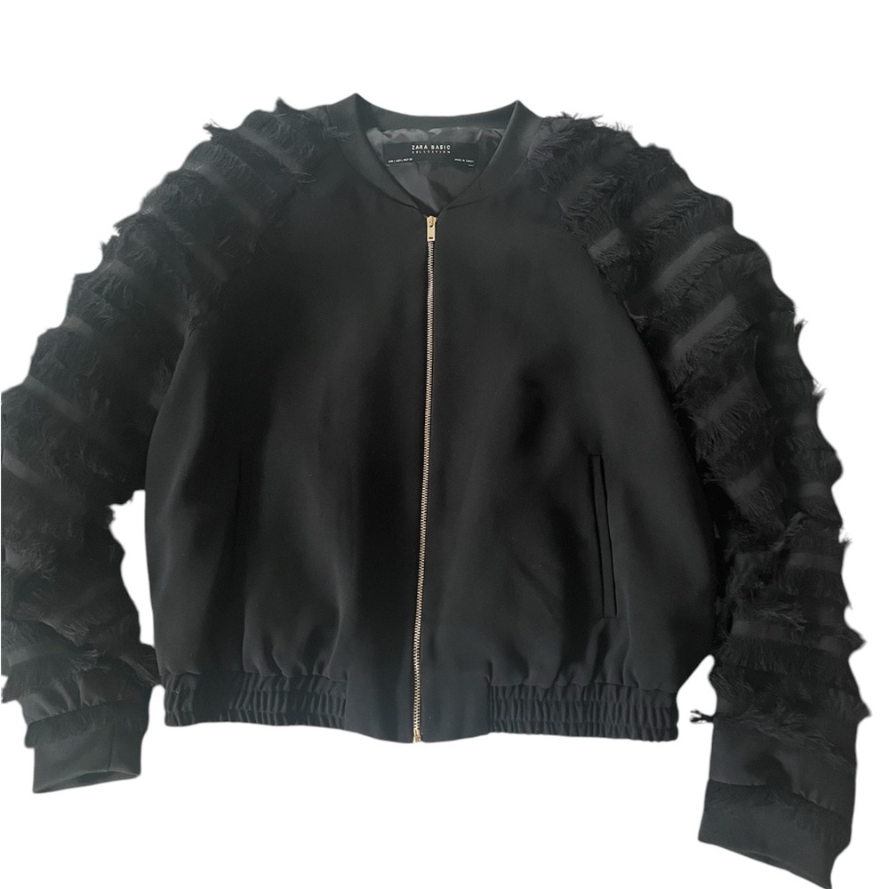 Zara Black Bomber with Fringe Sleeves Size L